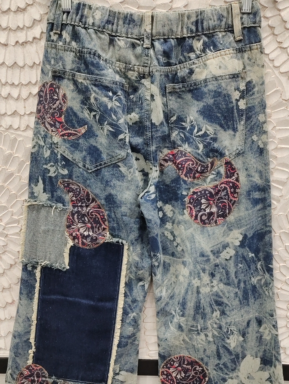Oli & Hali Blue Floral Patchwork Paisley Vintage Wash Wide Leg Jeans - Picture 8 of 10